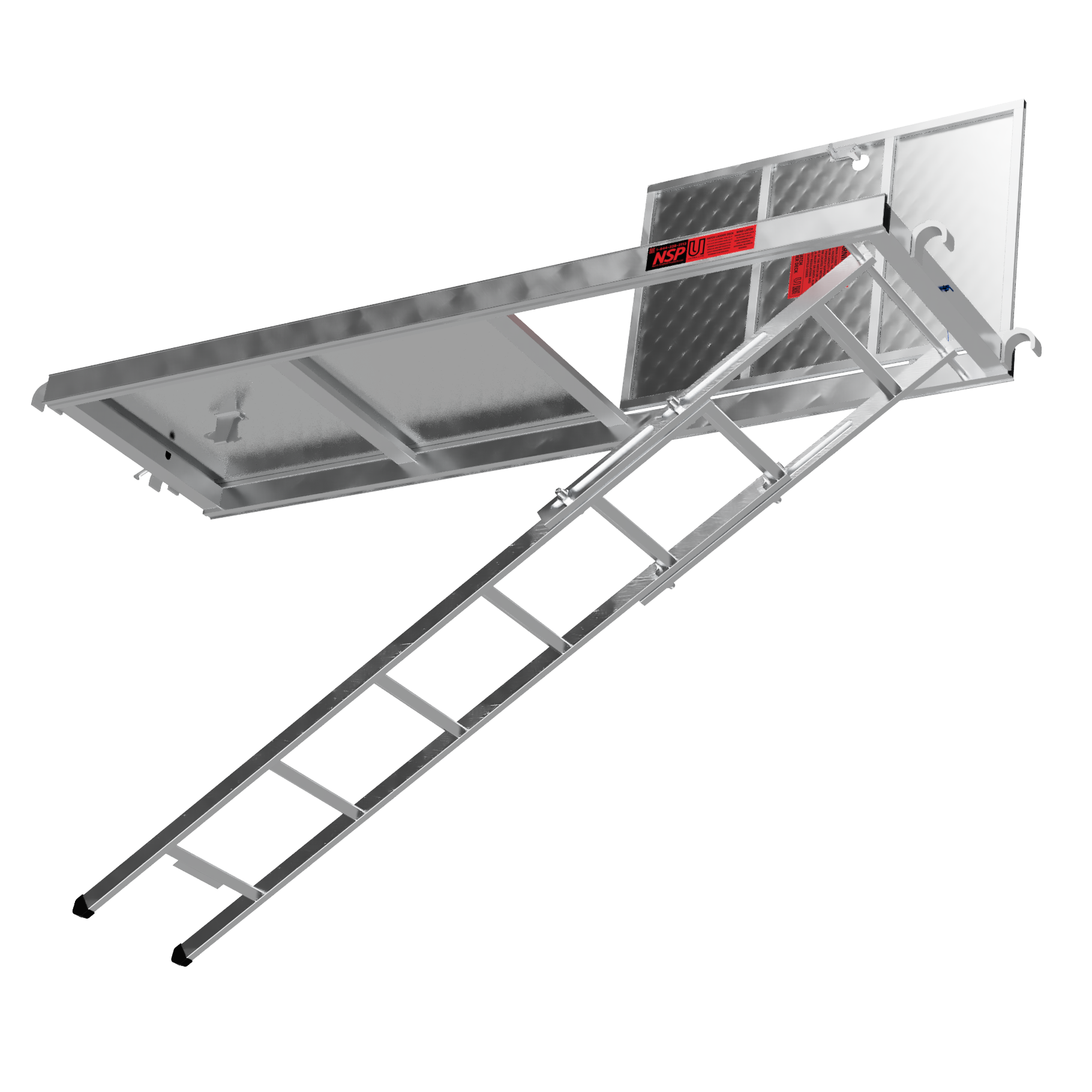 Lightweight aluminum scaffold hatch deck showing anti-slip surface and access hatch for vertical scaffold entry.