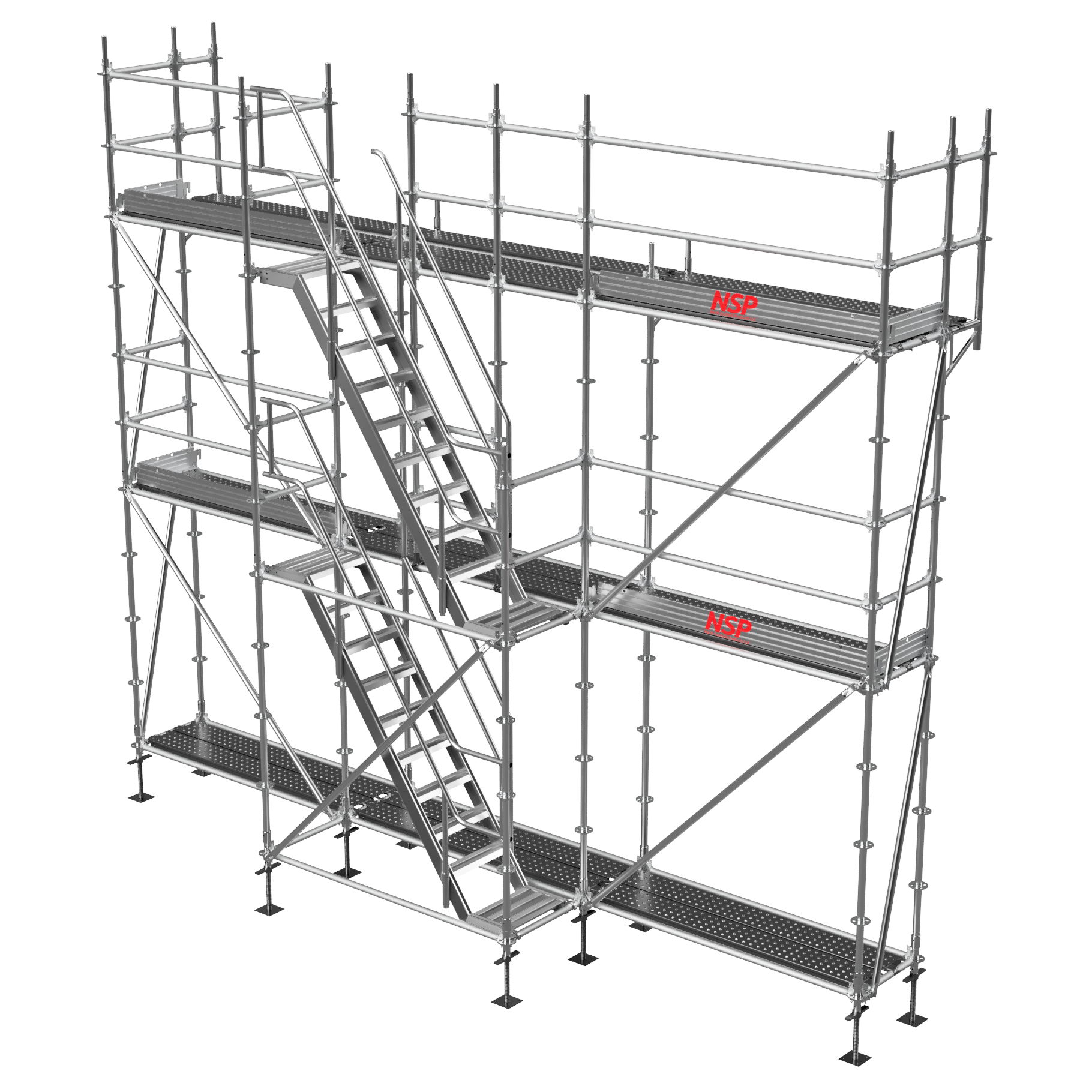 Ringlock scaffold system assembly showcasing vertical standards, scaffold stairs, ledgers, and diagonal braces forming a modular scaffold structure.
