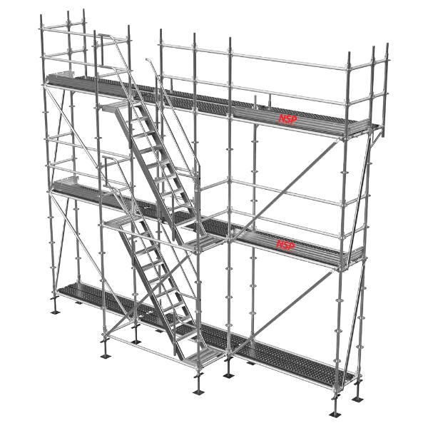 Ringlock scaffold system assembly showcasing vertical standards, scaffold stairs, ledgers, and diagonal braces forming a modular scaffold structure.