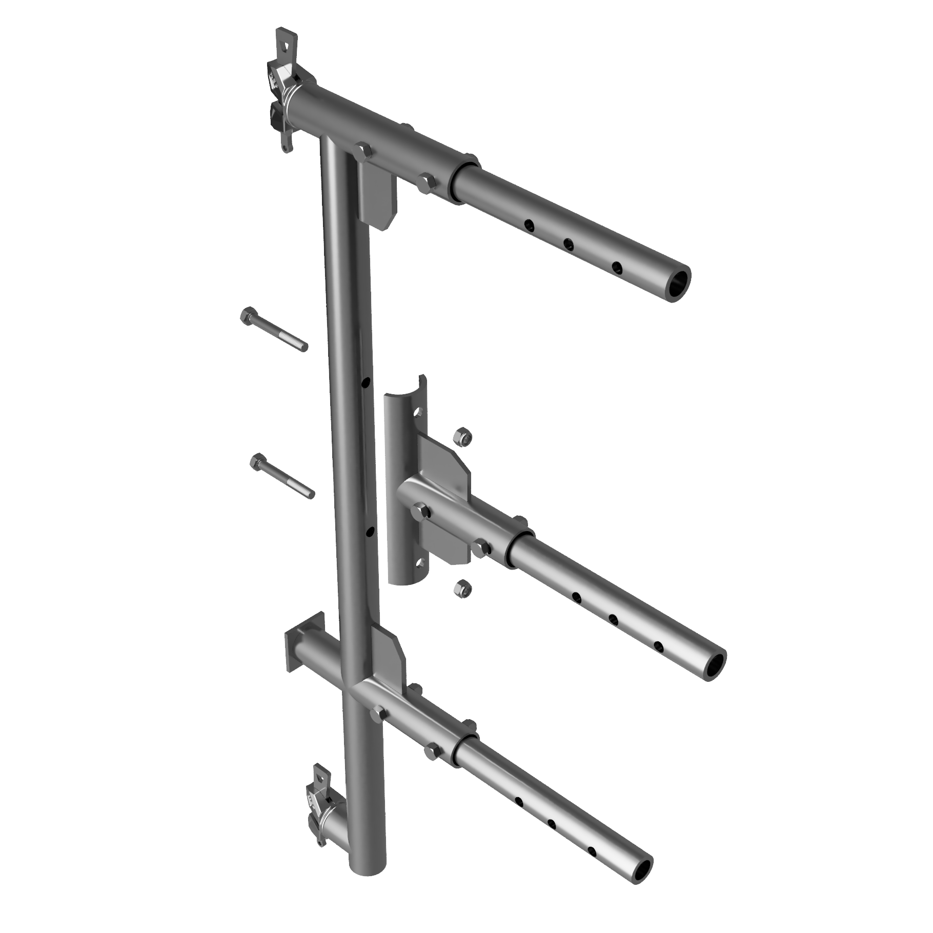 Partially disassembled aluminum beam adapter showing individual components used to connect roof beams to ring system rosettes.