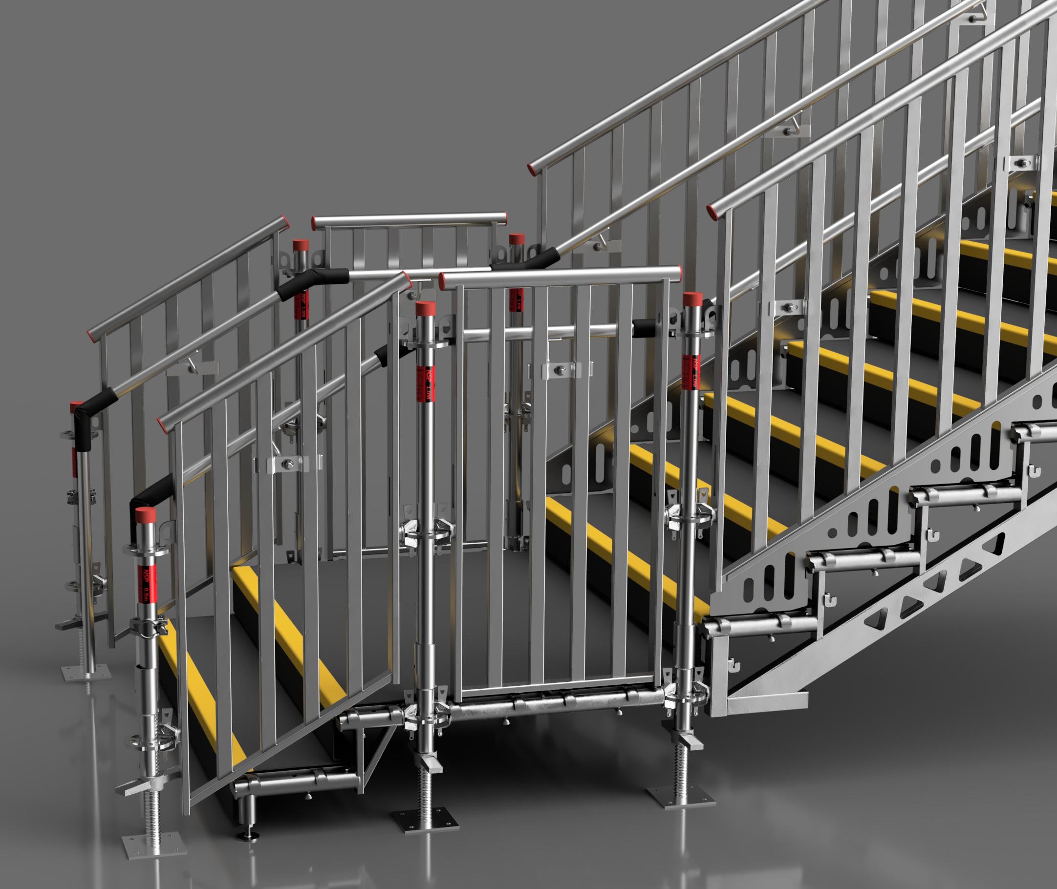 Public access scaffold stairway with handrails and guardrails installed for safe pedestrian circulation at a temporary event site.